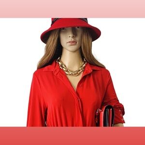 By Malene Birger Red Shirt Dress with Matching Red Bucket Hat and Gold Chain